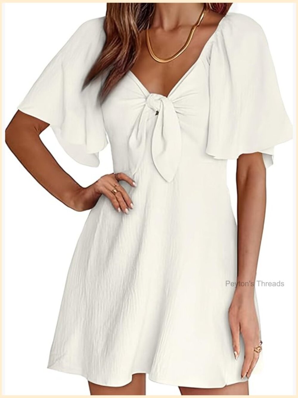 Elegant Bow Tie Mini Dress Deep V Neck Ruffle Cap Sleeve